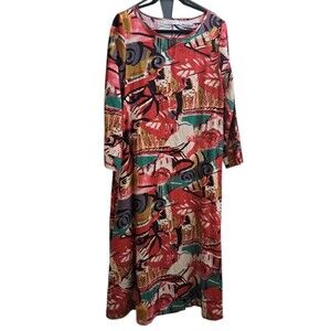 AUDATE Muumuu Maxi Dress Womens XL Kaftan Linen Cotton Artsy Abstract Geo Print